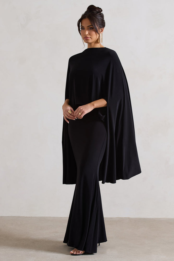 Delvin Cape Sleeve Crepe Dress (Black)
