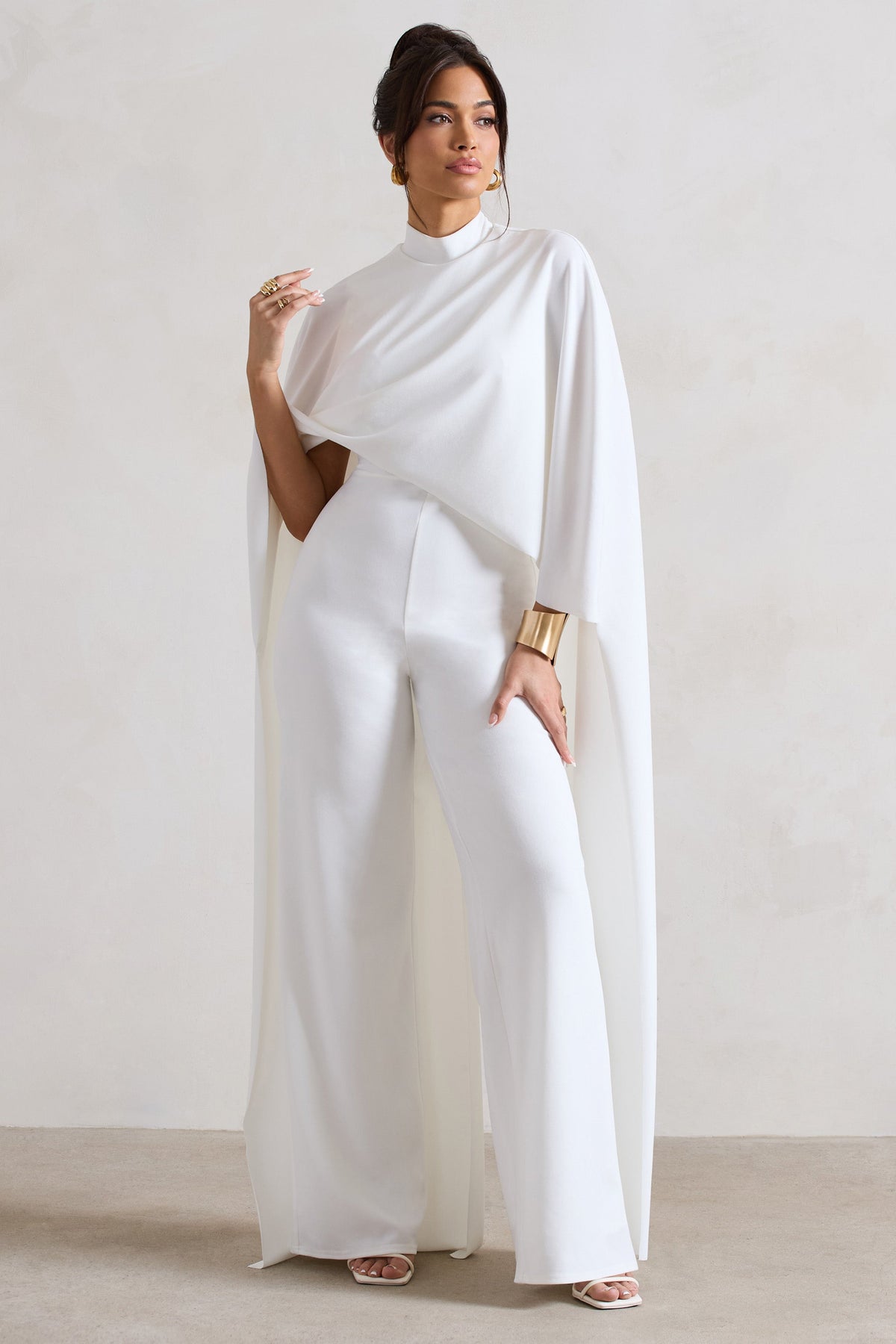 Indra | White High-Neck Wide-Leg Cape Jumpsuit