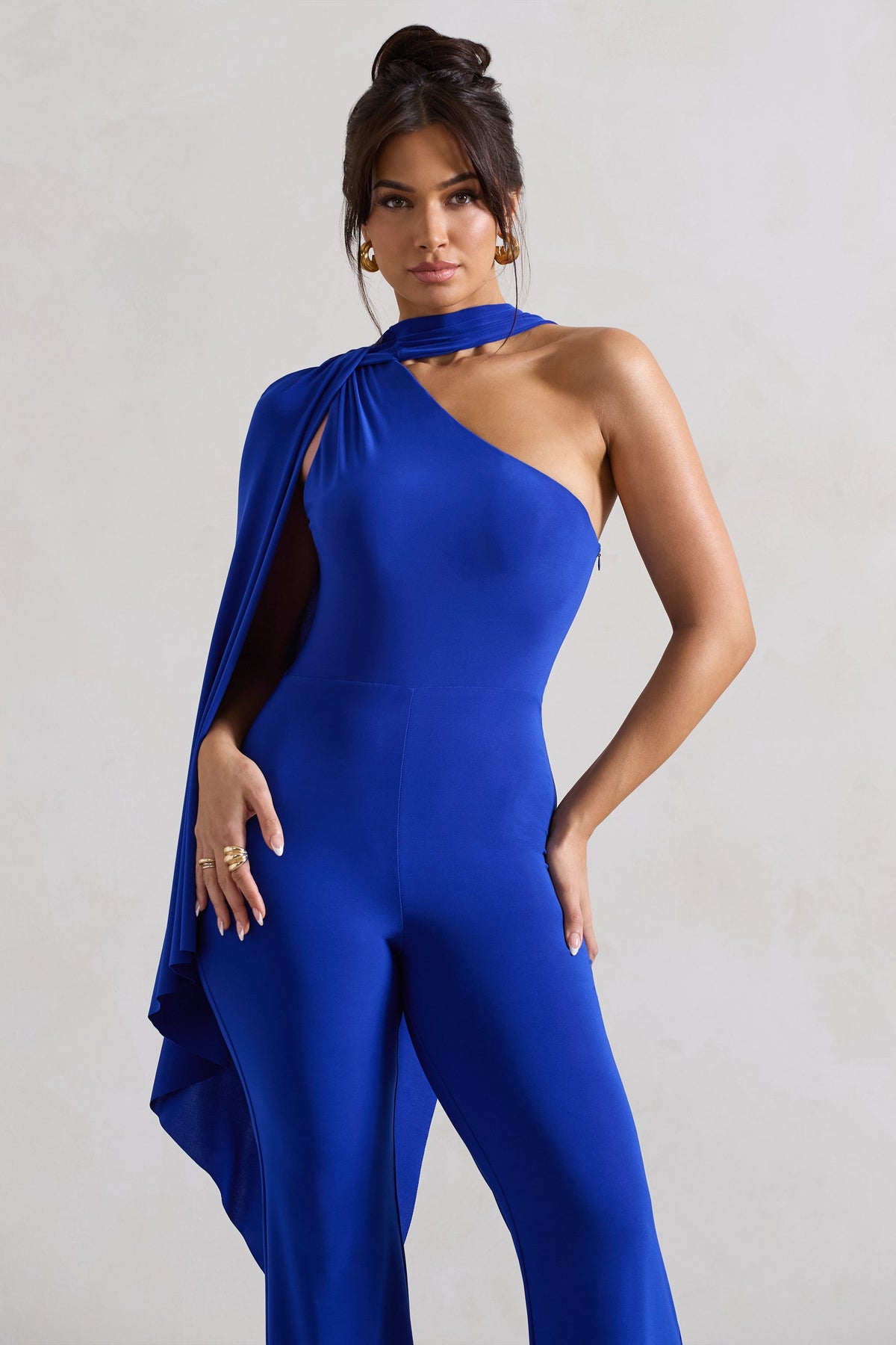 Offset Royal Blue Asymmetric Flared-Leg Jumpsuit With Cape Sleeve