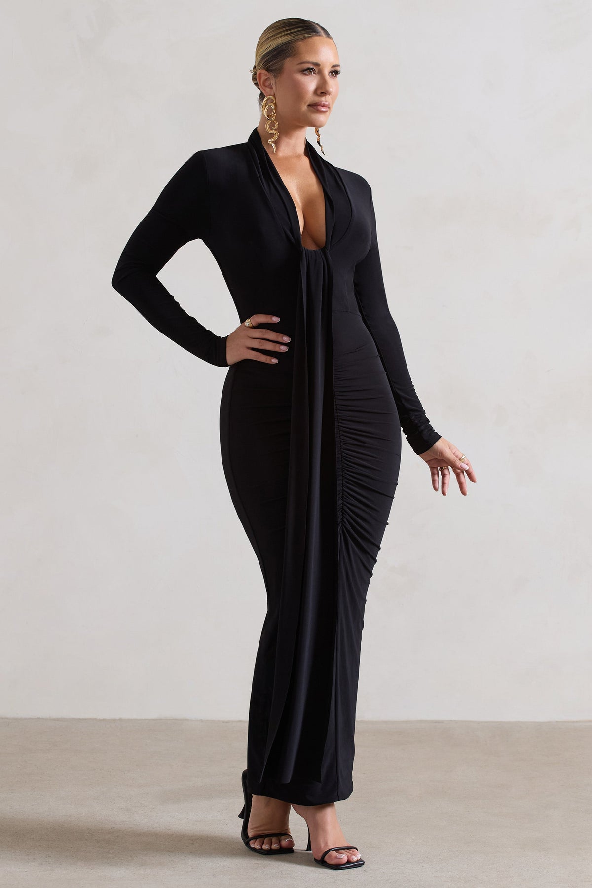 Risha Black Plunge-Neck Long-Sleeve Drape Maxi Dress – Club L London - USA