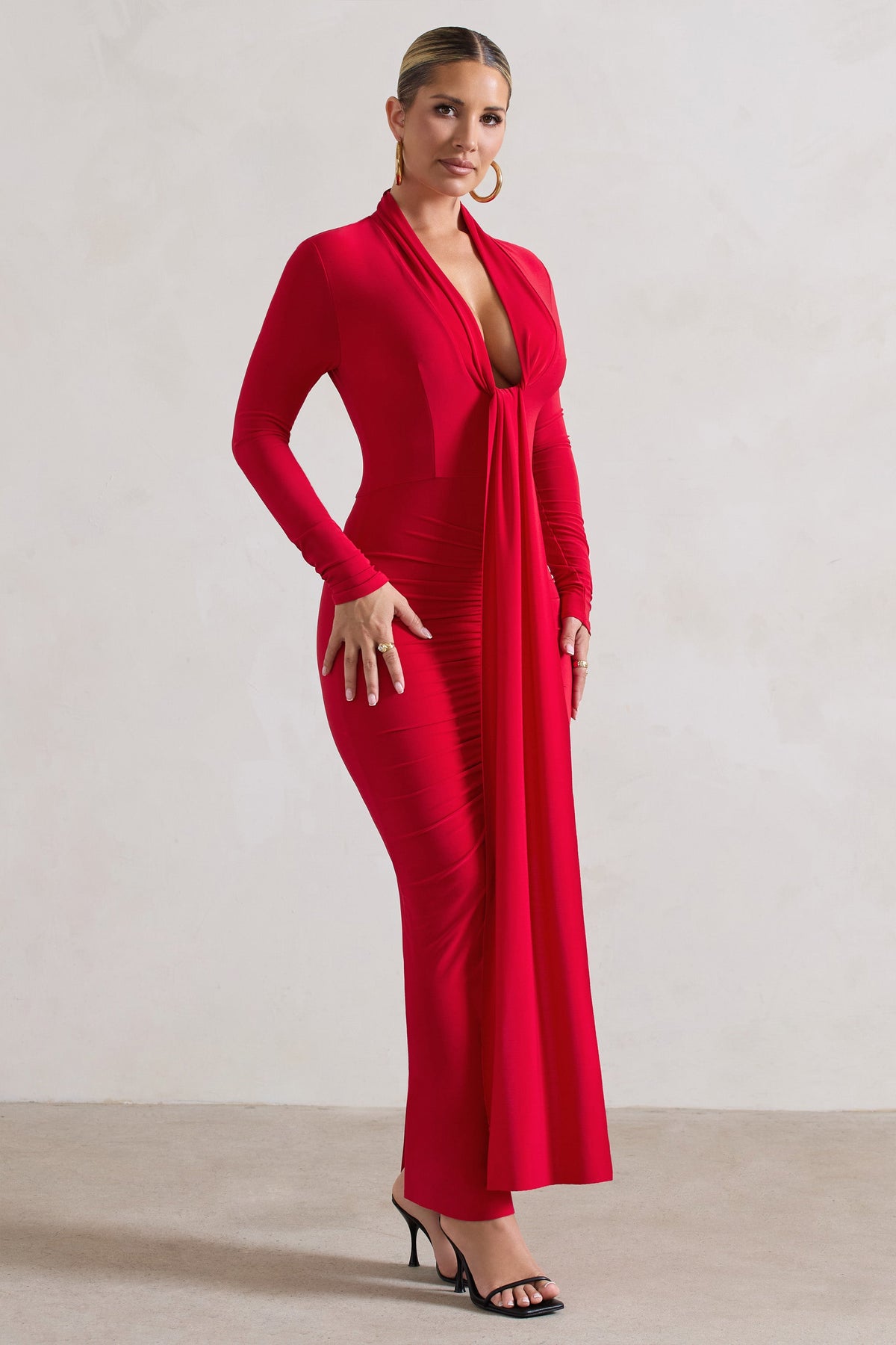 Risha Red Plunge-Neck Long-Sleeve Drape Maxi Dress – Club L London - USA