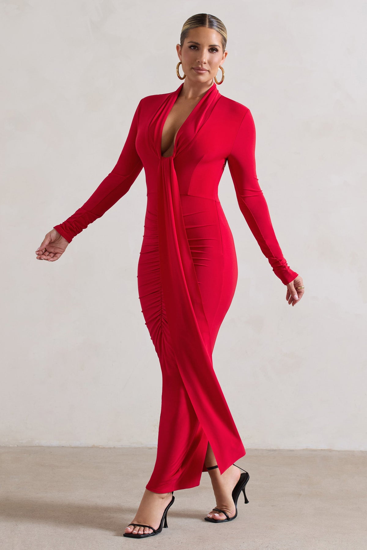 Risha Red Plunge-Neck Long-Sleeve Drape Maxi Dress – Club L London
