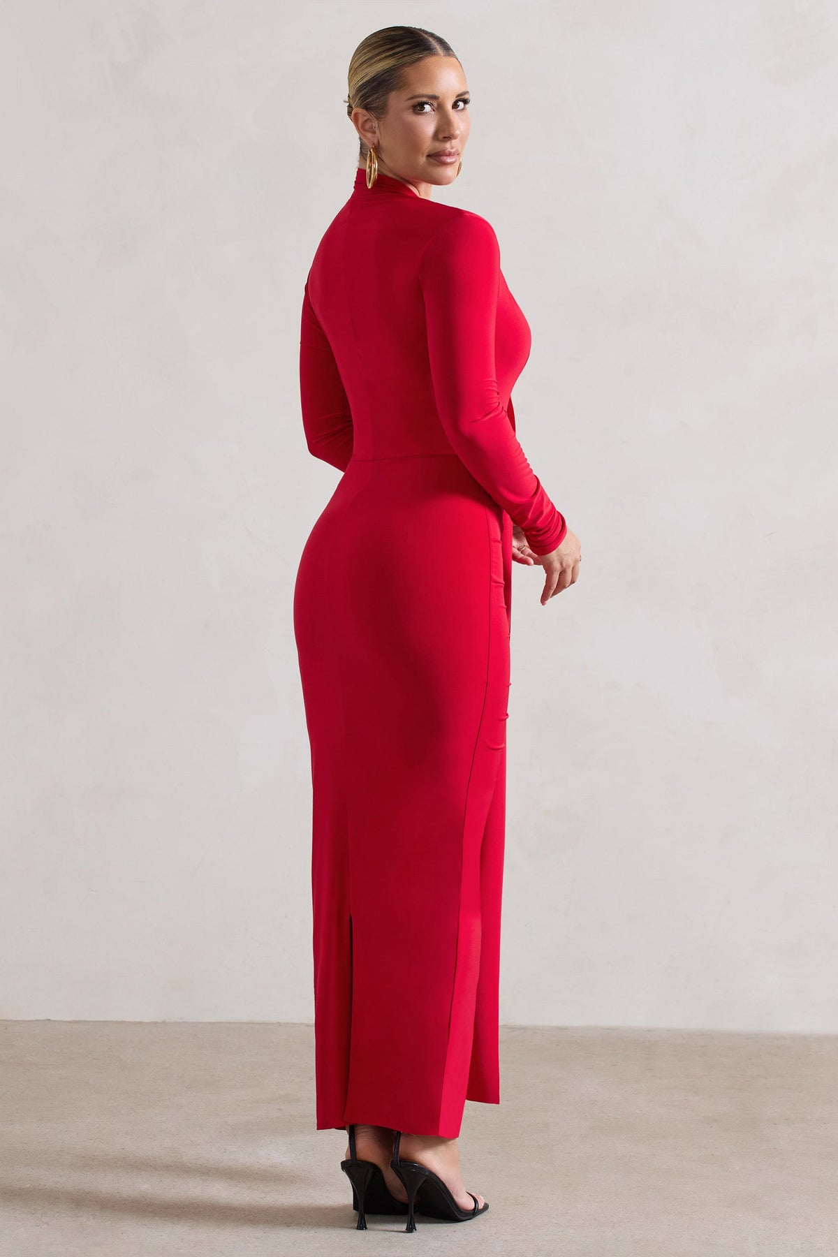 Risha Red Plunge-Neck Long-Sleeve Drape Maxi Dress – Club L London - USA