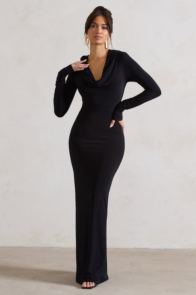 Shira | Black Long-Sleeve Hooded Maxi Dress
