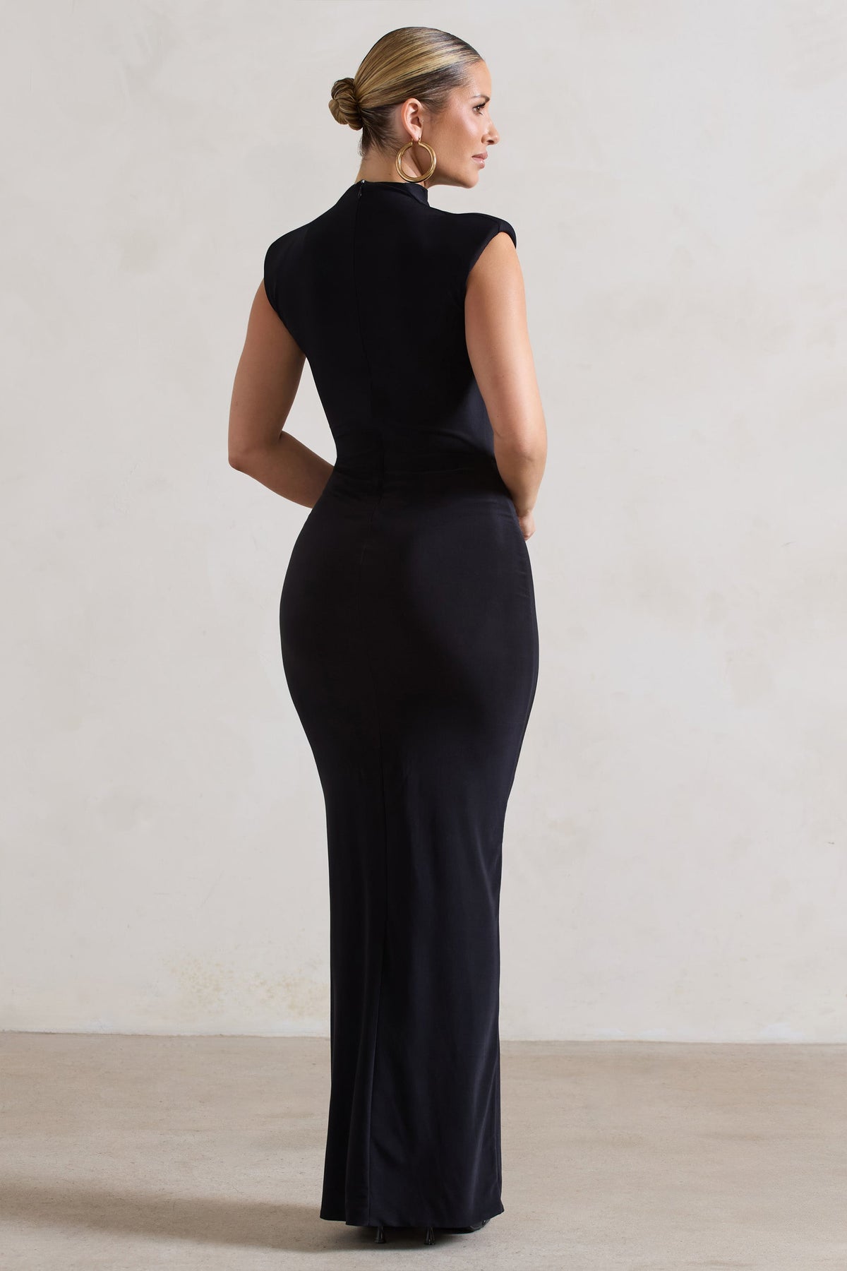 Samira | Black Ruched High-Neck Split Maxi Dress