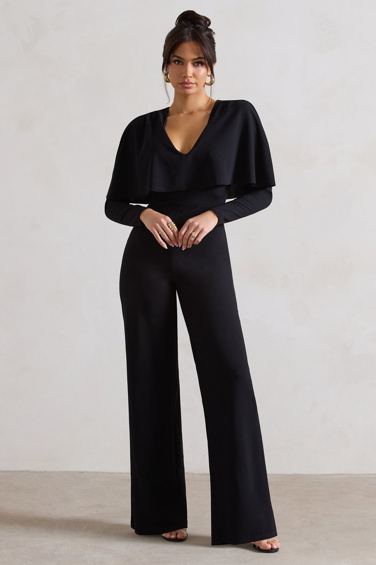 My Charm | Black Draped Plunge-Neck Straight-Leg Jumpsuit