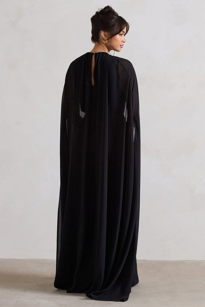 2WAY CURVE VELOURS DRESS ブラック Claretta Black Square Neck Twisted Maxi Dress With Cape