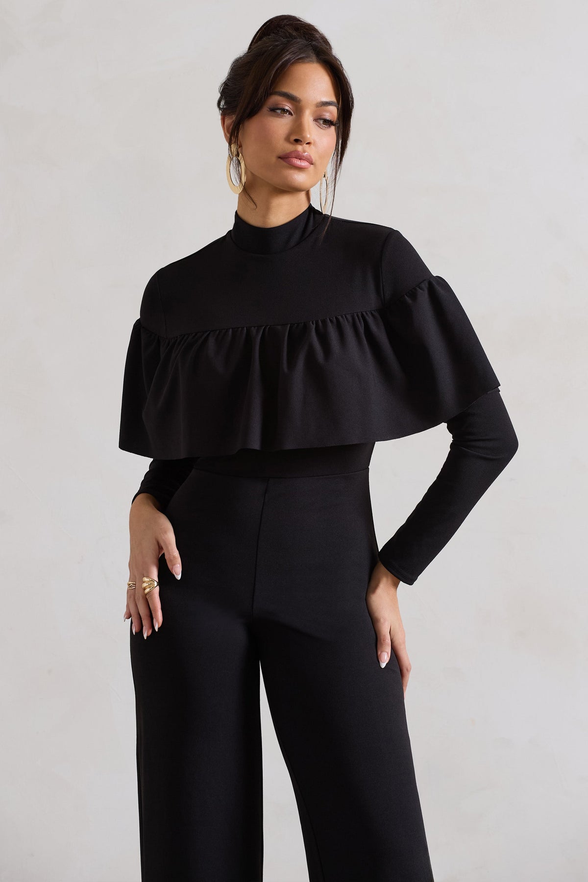 For The Frill Black High-Neck Straight-Leg Jumpsuit With Frills 