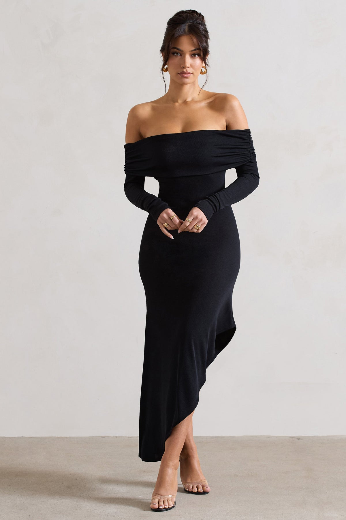 Betty Black High Neck Long Sleeve Maxi Dress with Feather Cuffs – Club L  London - UK