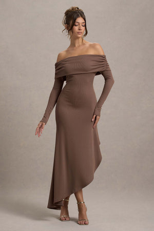 bardot layana asymmetric maxi dress Romina Mocha Rib Knit Bardot Maxi Dress With Asymmetric Hem – Club L London