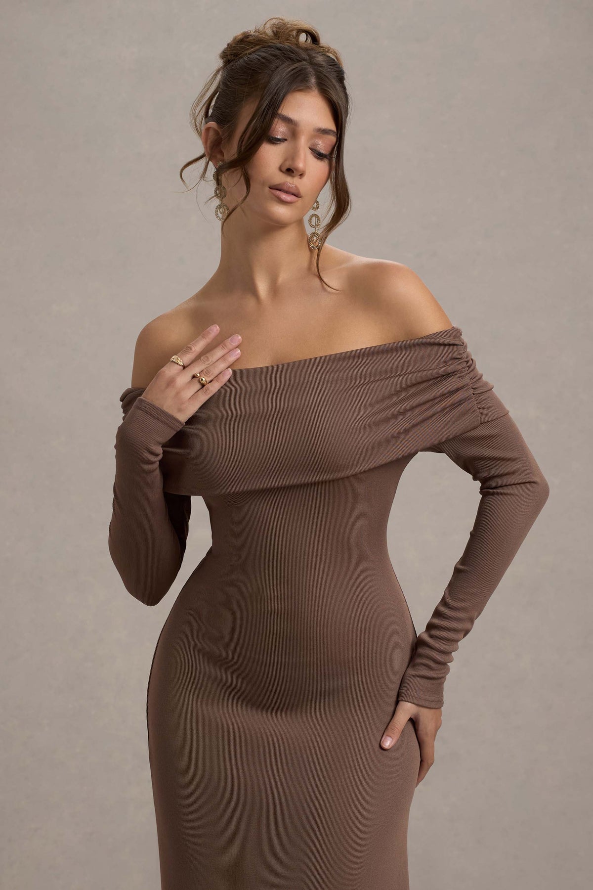 Romina Mocha Rib Knit Bardot Maxi Dress With Asymmetric Hem Club L London - USA Romina Mocha Rib Knit Bardot Maxi Dress With Asymmetric Hem Club L London - USA