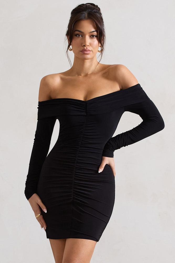 Leola Black Ruched Bodycon Bardot Long Sleeve Mini Dress – Club L ...