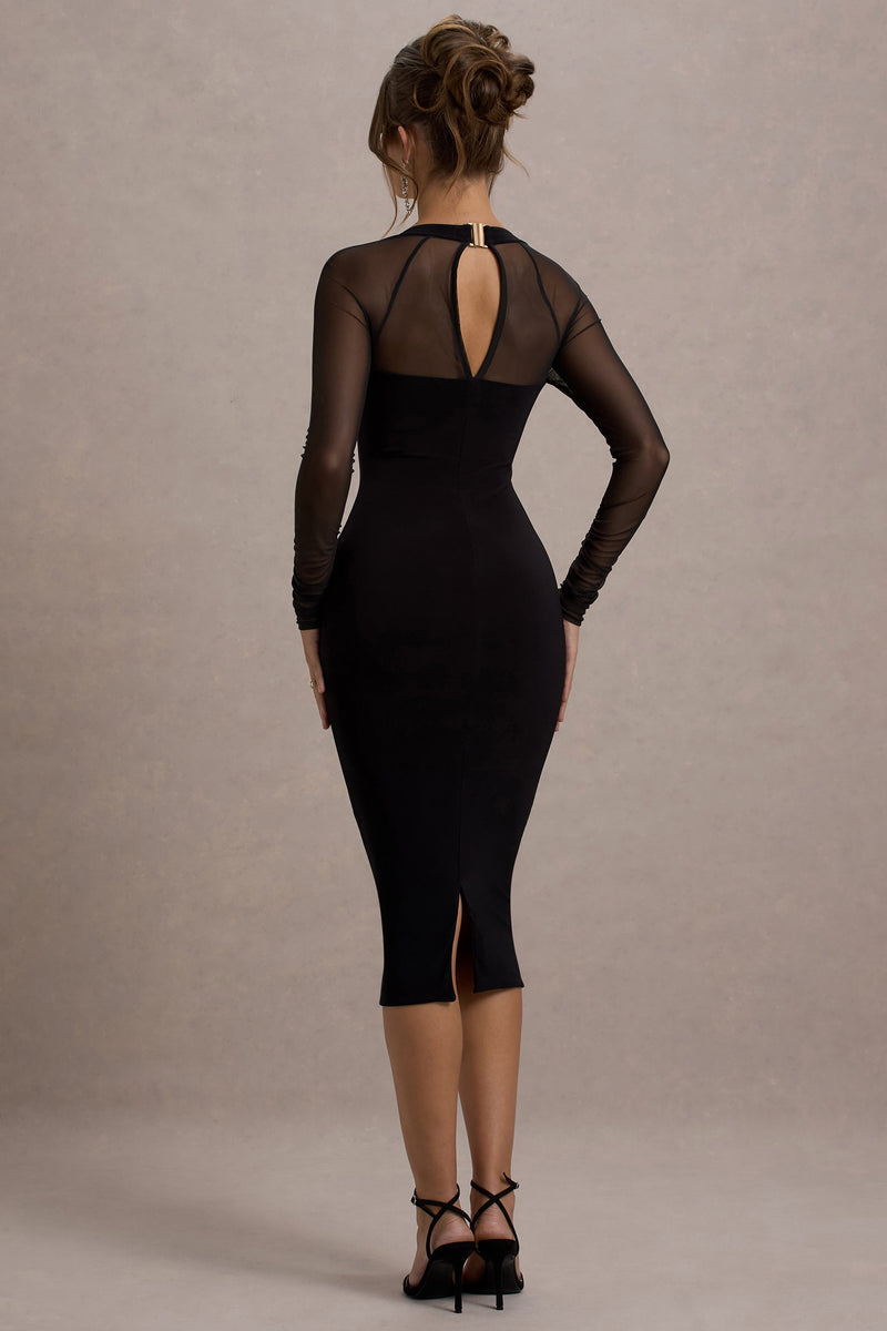 Off Track | Black Bodycon Midi Dress With Sheer Sleeves - Club L London - USA