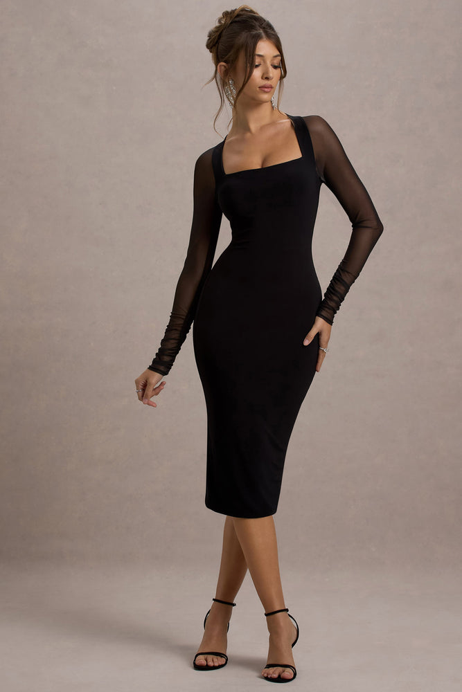 Off Track | Black Bodycon Midi Dress With Sheer Sleeves - UK 16 Black Off Track | Black Bodycon Midi Dress With Sheer Sleeves - UK 16 Black