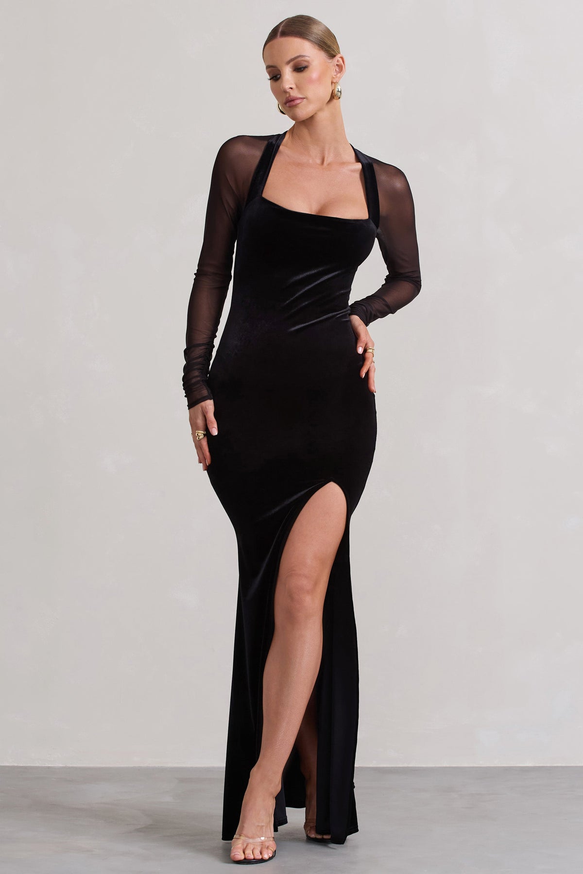 Apres Black Velvet Bodycon Split Maxi Dress With Sheer Sleeves 