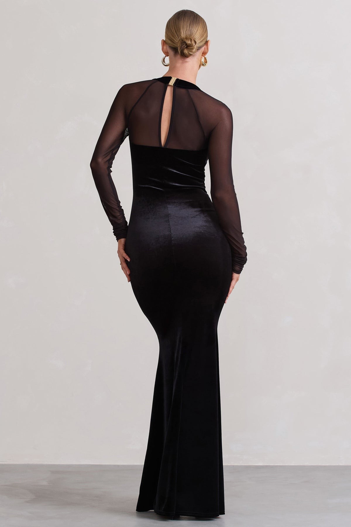 Apres Black Velvet Bodycon Split Maxi Dress With Sheer Sleeves