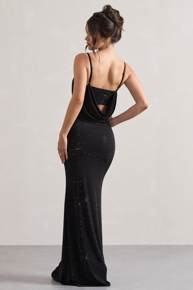 Costella | Black Embellished Strappy Cowl-Neck Maxi Dress