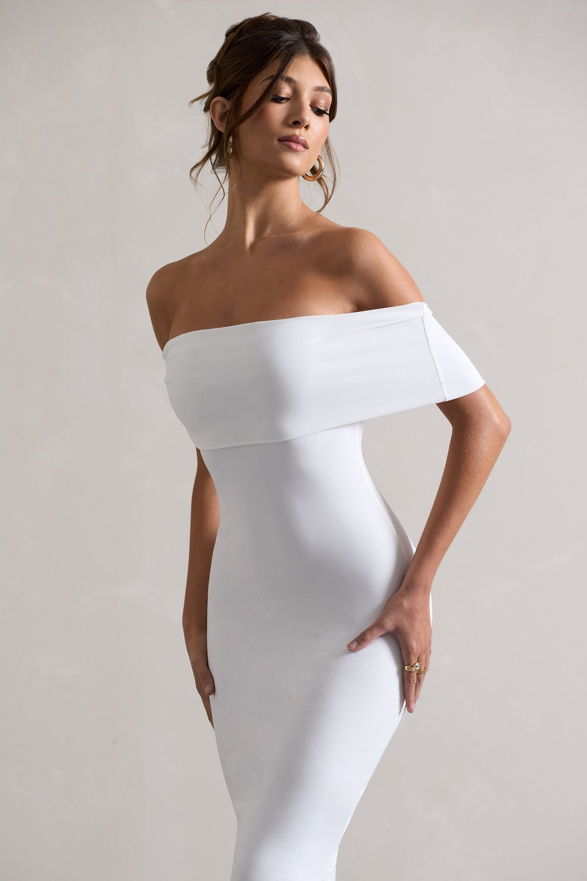 Averie | White Bodycon Bardot Midi Dress