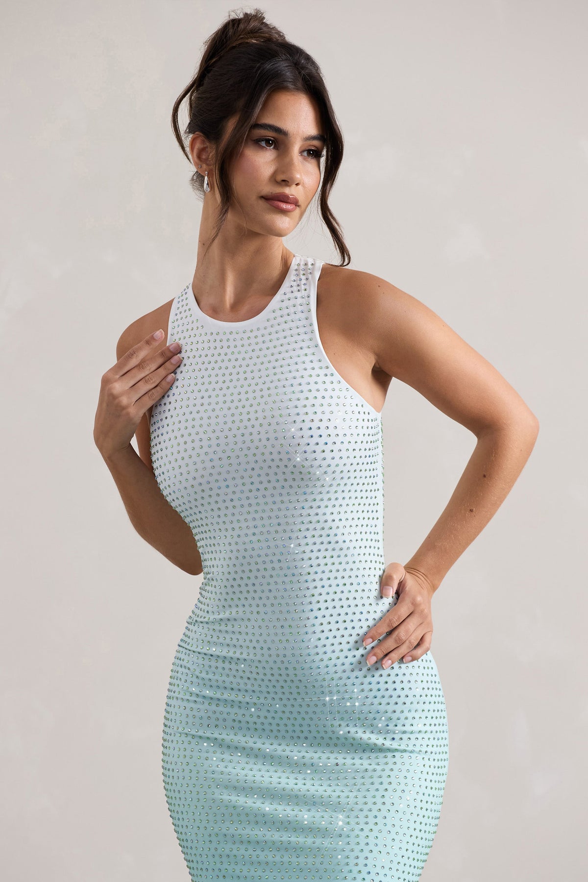 Escala Mint Ombre Embellished Racer-Neck Maxi Dress Club L London - USA Escala Mint Ombre Embellished Racer-Neck Maxi Dress Club L London - USA