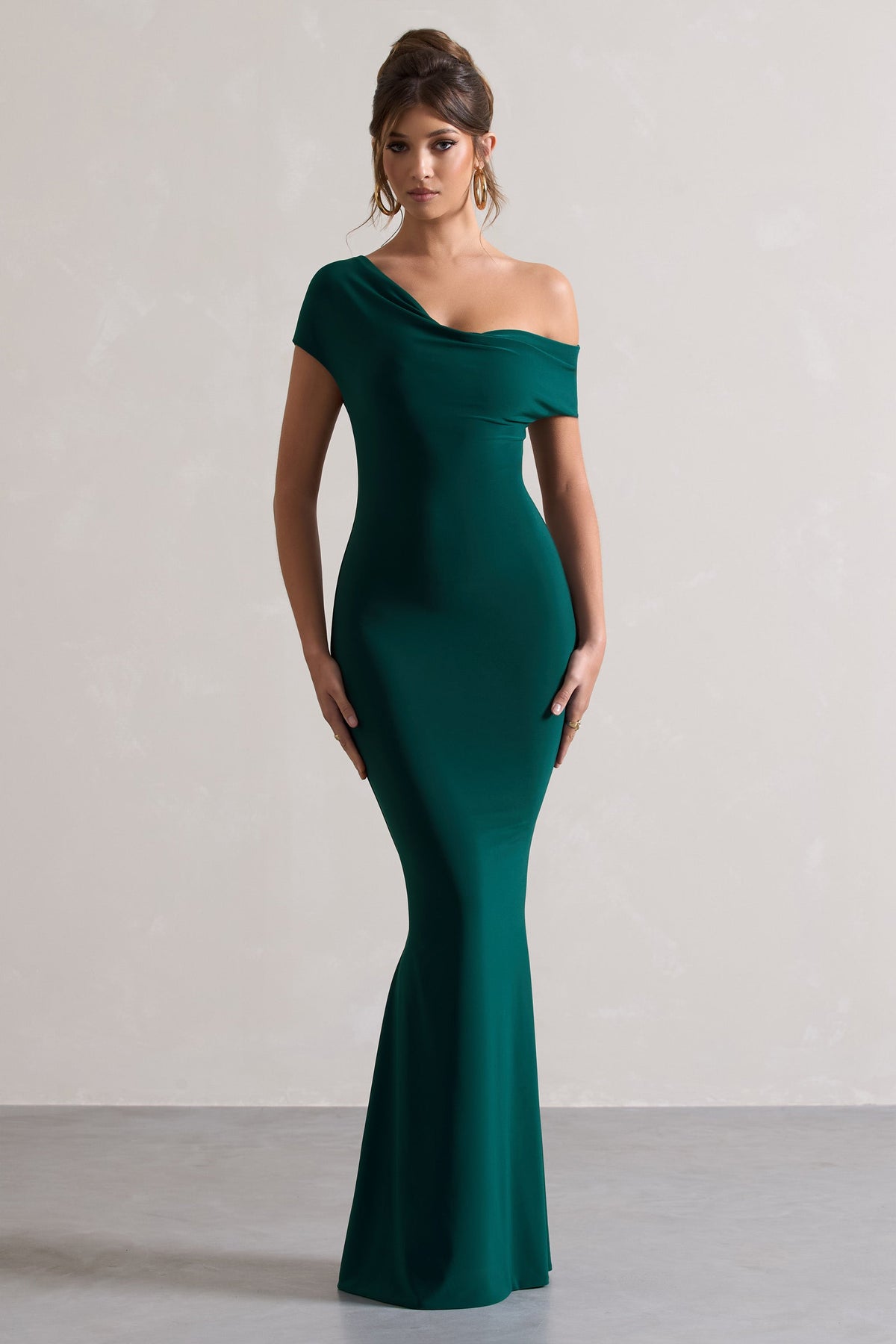 Avila | Bottle Green Asymmetric Bardot Maxi Dress