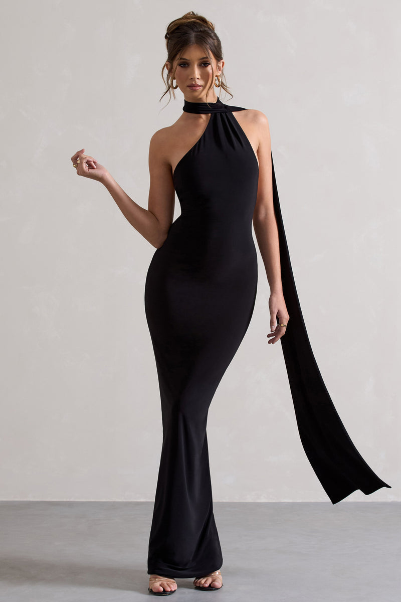 Miss Black One Shoulder Backless Maxi Dress With Scarf – Club L London 