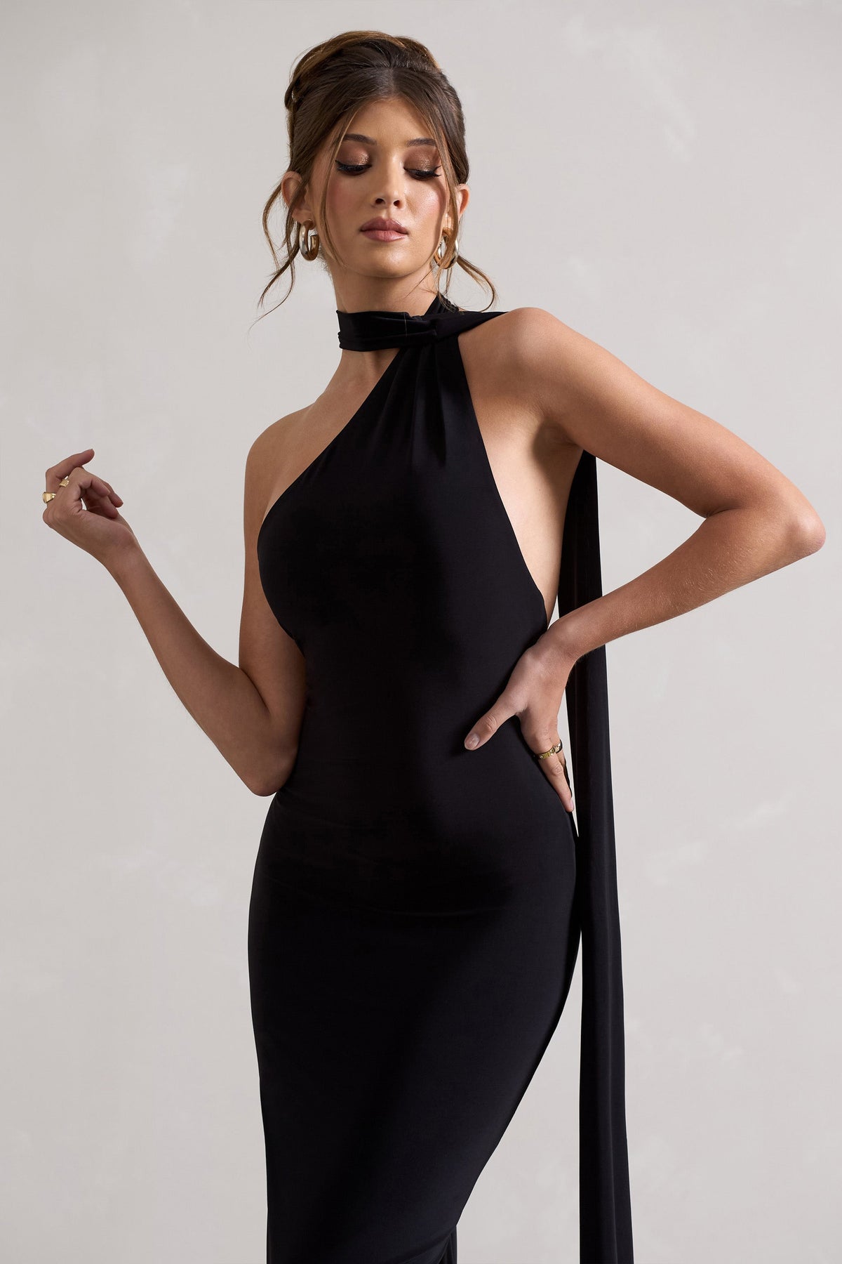 Miss Black One Shoulder Backless Maxi Dress With Scarf – Club L 