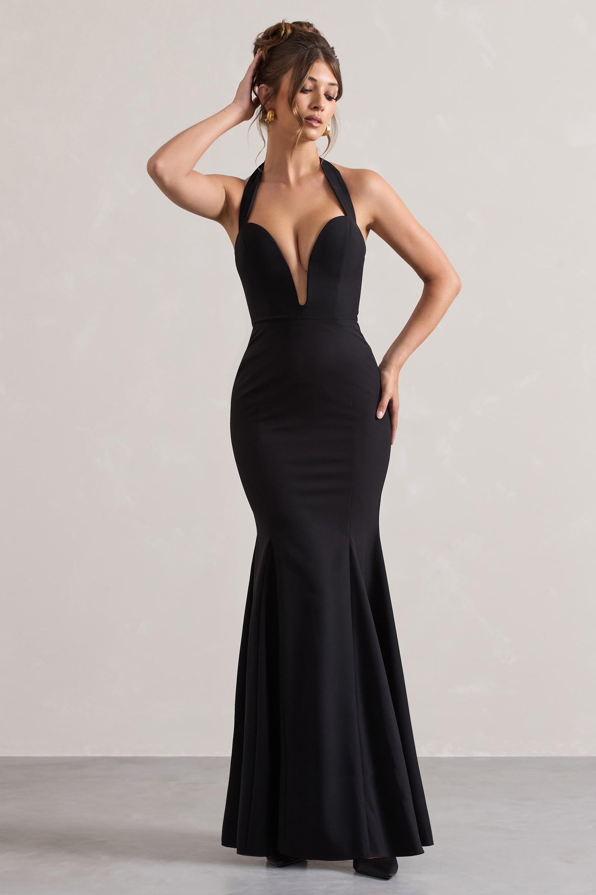 Plaza Black Plunge Halter-Neck Fishtail Maxi Dress Club L London - USA Plaza Black Plunge Halter-Neck Fishtail Maxi Dress Club L London - USA