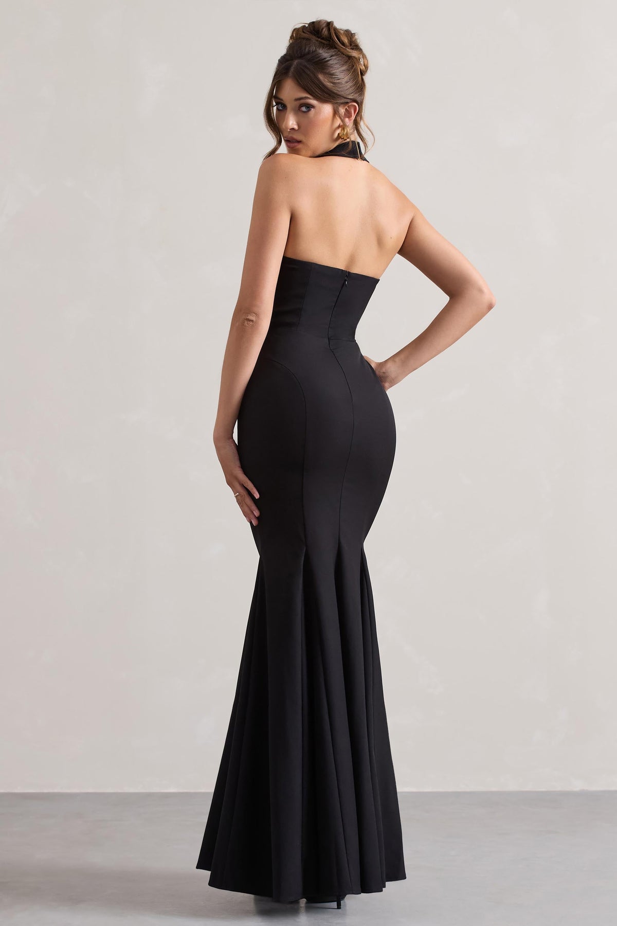 Plaza Black Plunge Halter-Neck Fishtail Maxi Dress Club L London - USA Plaza Black Plunge Halter-Neck Fishtail Maxi Dress Club L London - USA