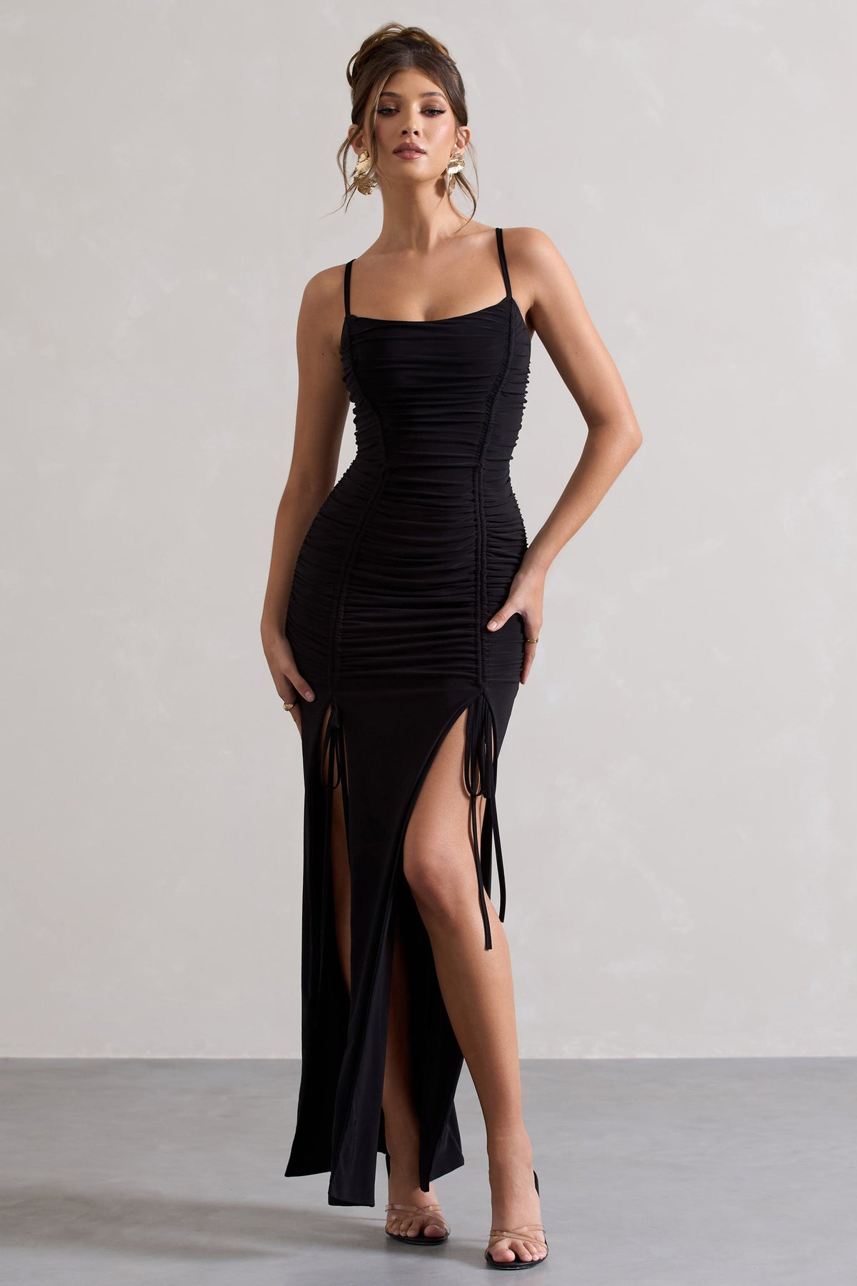 Devon Black Ruched Strappy Maxi Dress With Splits – Club L London - USA