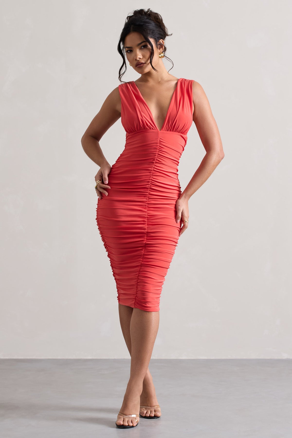 Attract | Coral Ruched Plunge-Neck Midi Dress