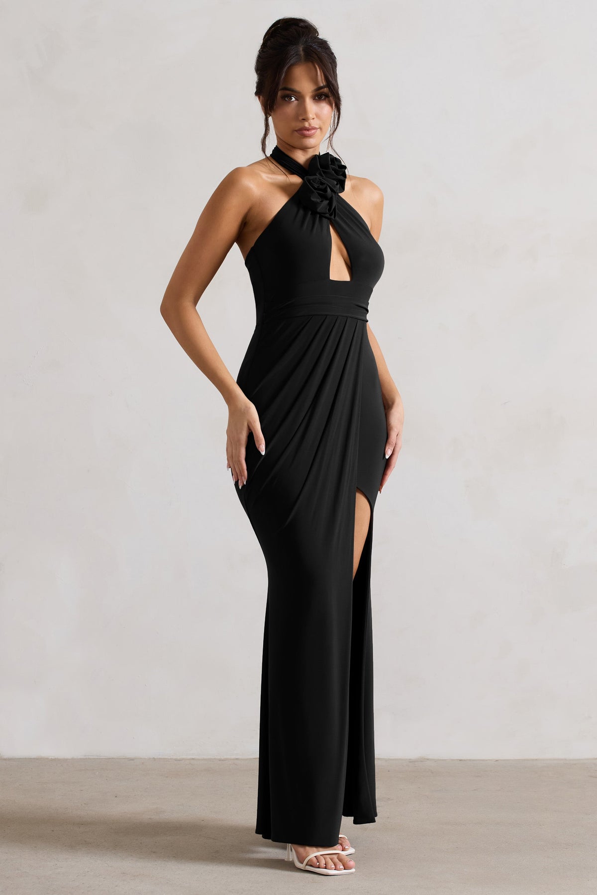 Kira Black Halter-Neck Cut-Out Split Maxi Dress With Flowers – Club L  London - USA