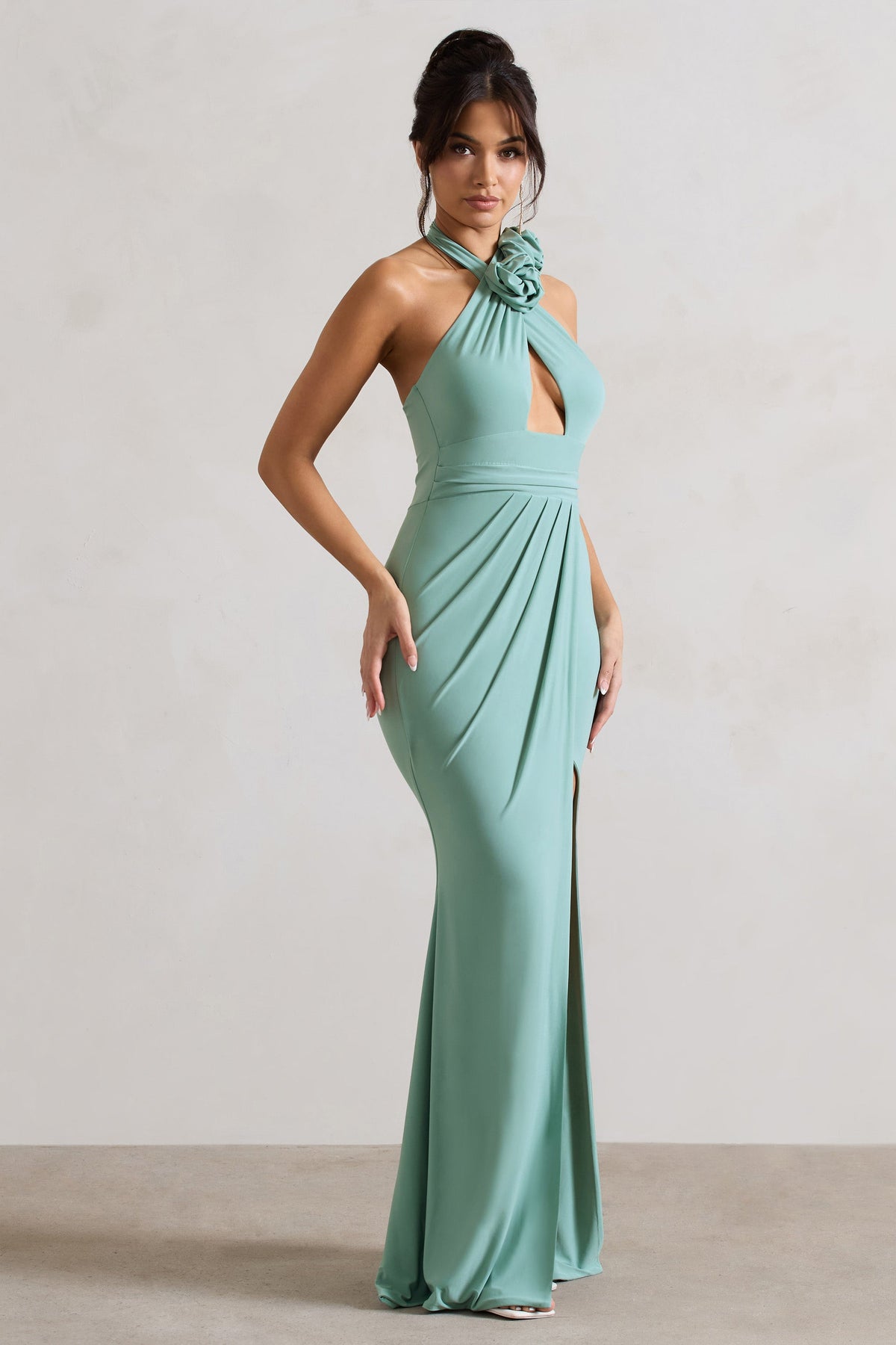 Kira Sage Halter-Neck Cut-Out Split Maxi Dress With Flowers Club L London - USA Kira Sage Halter-Neck Cut-Out Split Maxi Dress With Flowers Club L London - USA