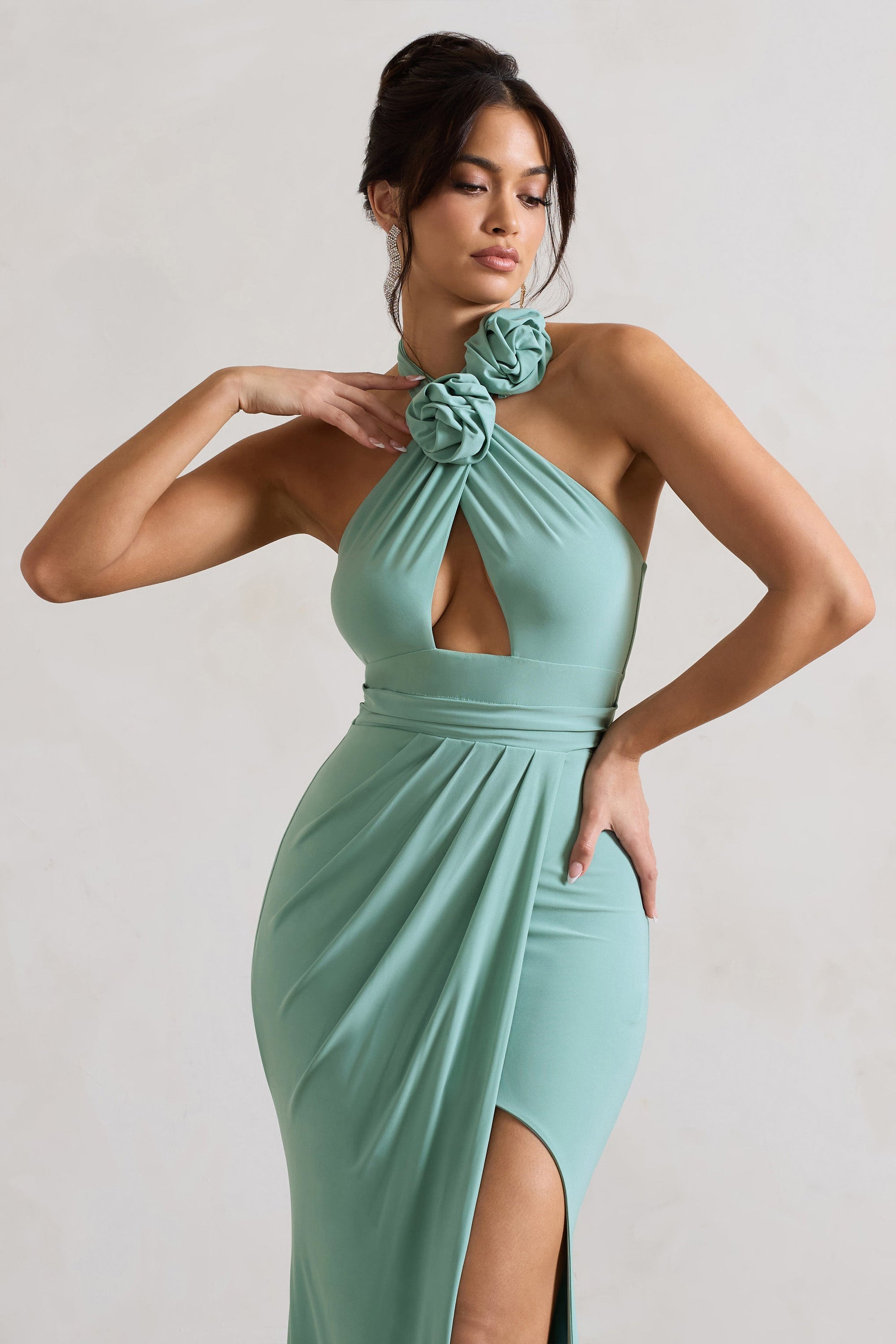 Kira | Sage Halter-Neck Cut-Out Split Maxi Dress With Flowers – Club L London