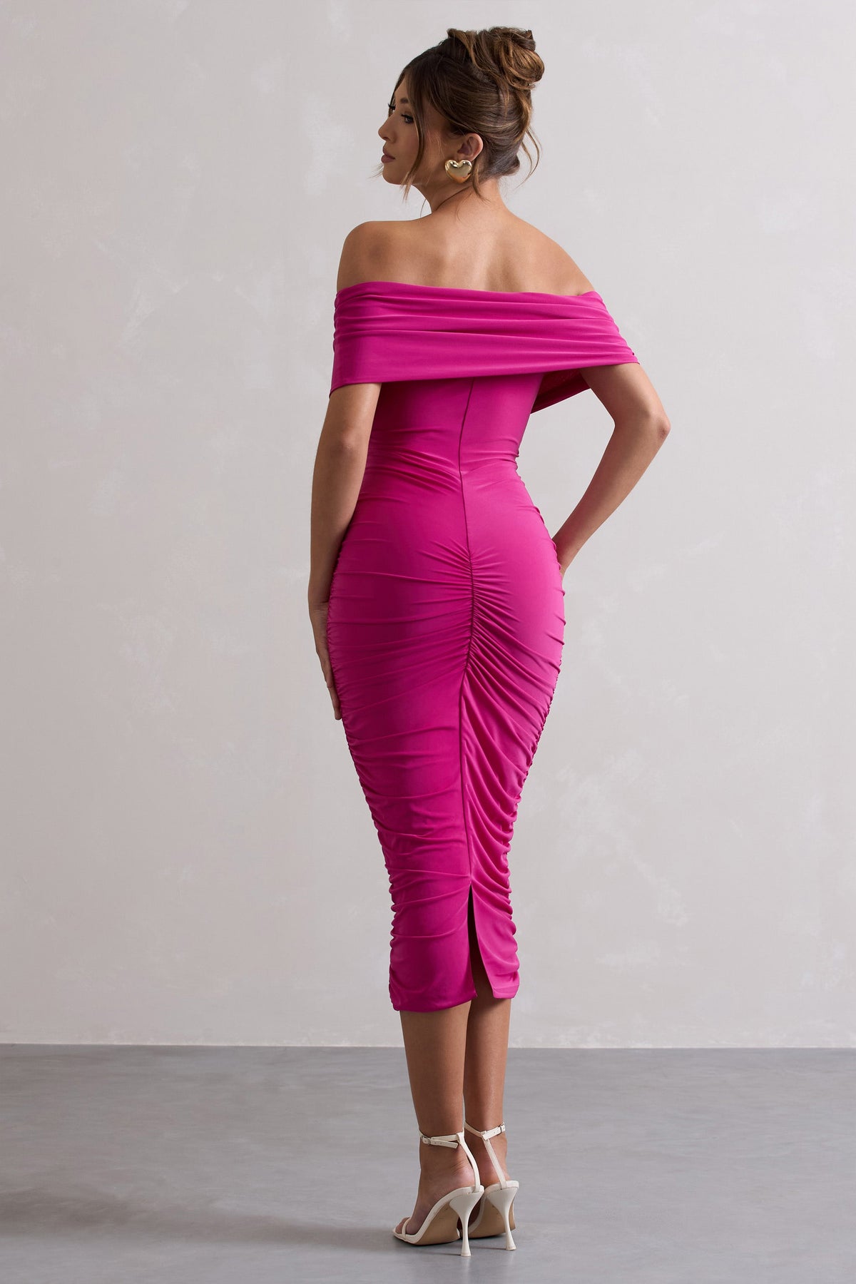 Unwrapped Dark Pink Ruched Twist Bardot Midi Dress – Club L London - USA