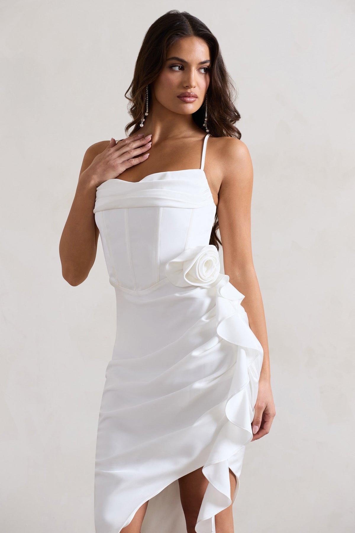 SALE☆ラス1即納★Corset-Seamed Midi Dress ホワイト Sサイズ On The List White Asymmetric Corset Maxi Dress With Floral