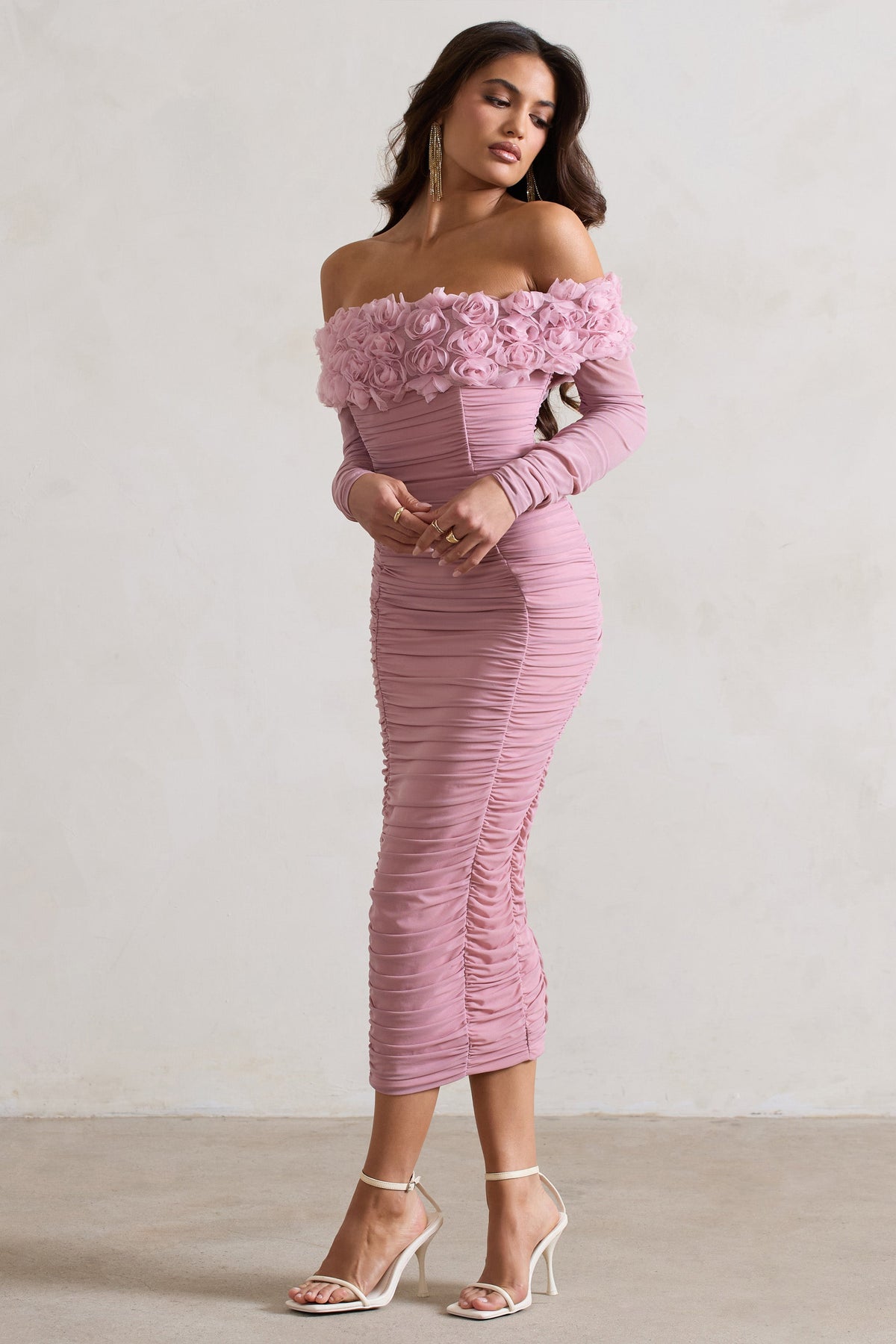 Sierra Pink Mesh Ruched Floral Bardot Lace-Up Midi Dress – Club 