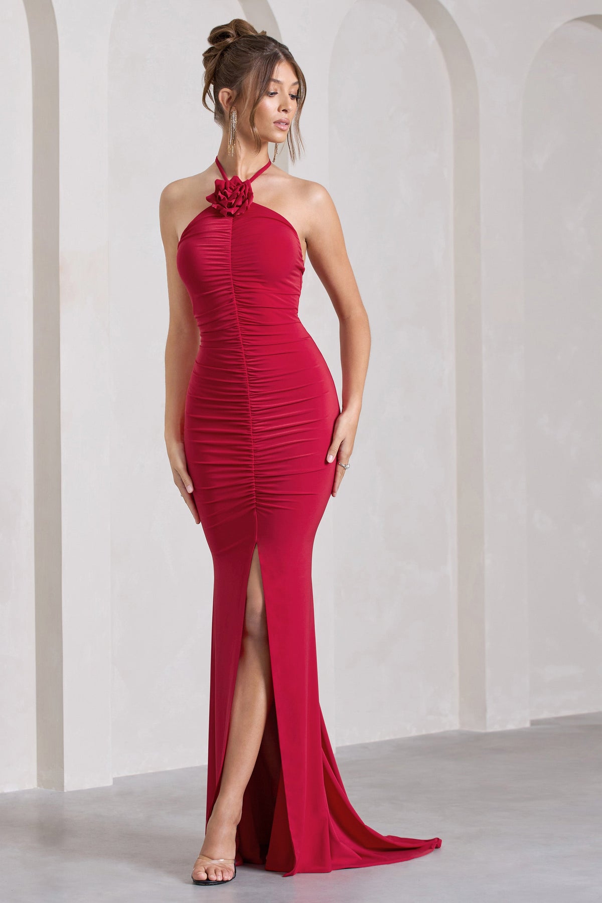 Holly Red Ruched Halter-Neck Split Fishtail Maxi Dress – Club L London ...