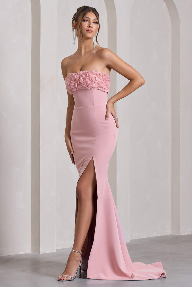 Allegra | Pink Bandeau Split Fishtail Maxi Dress With Flowers