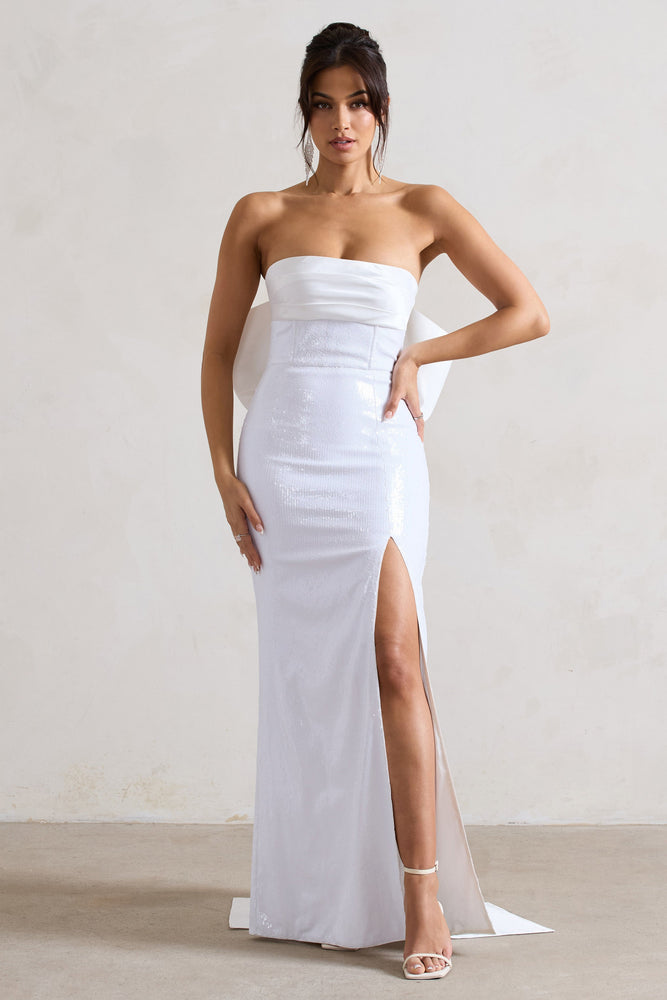 To You | White Sequin Bandeau Split Maxi Dress With Oversized Bow