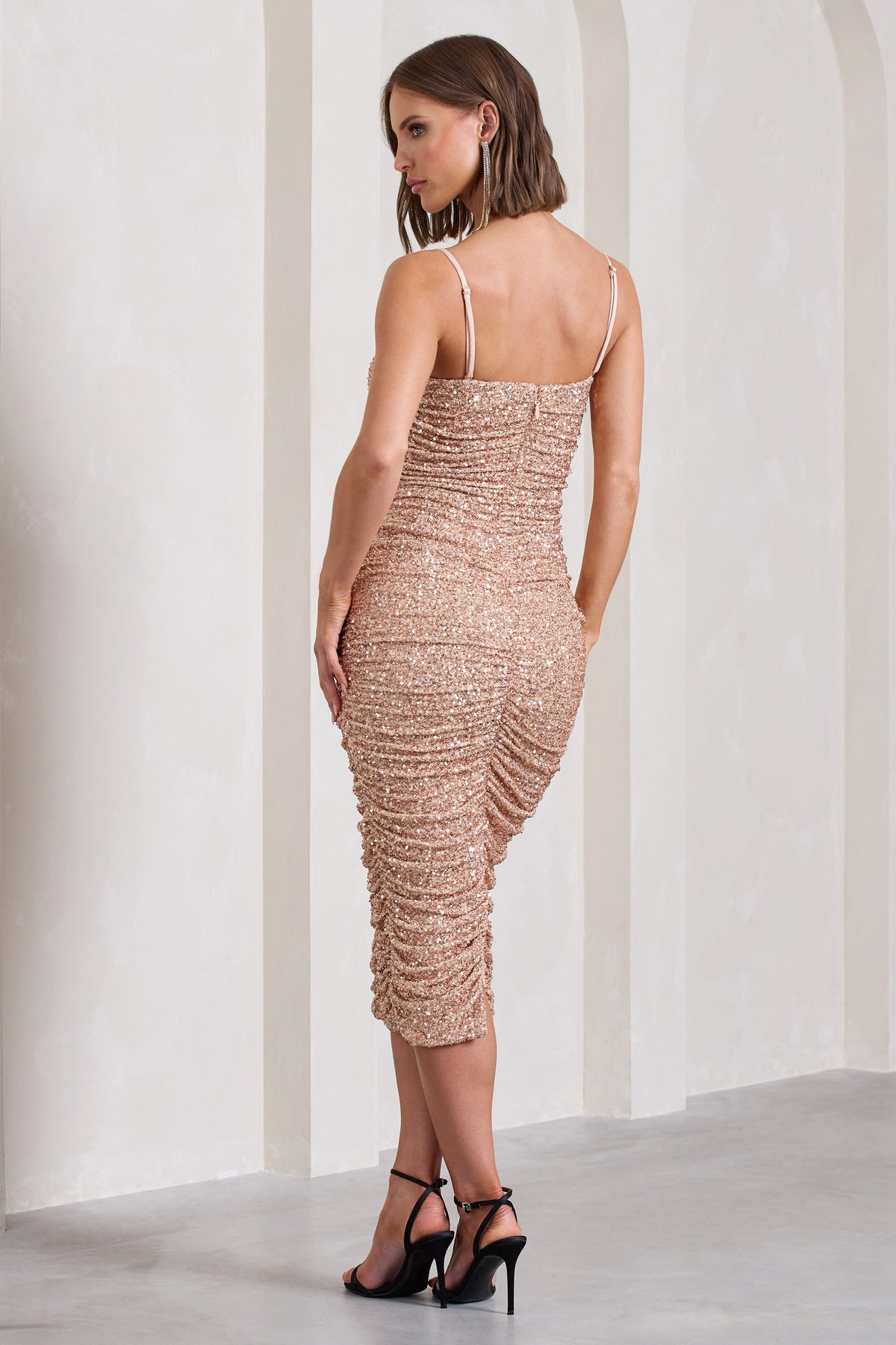 New Energy Gold Sequin Strappy Ruched Bodycon Midi Dress – Club L London -  USA