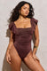 Riviera | Bronze Ruched Open-Back Swimsuit With Ruffled Straps - Club L London - USA