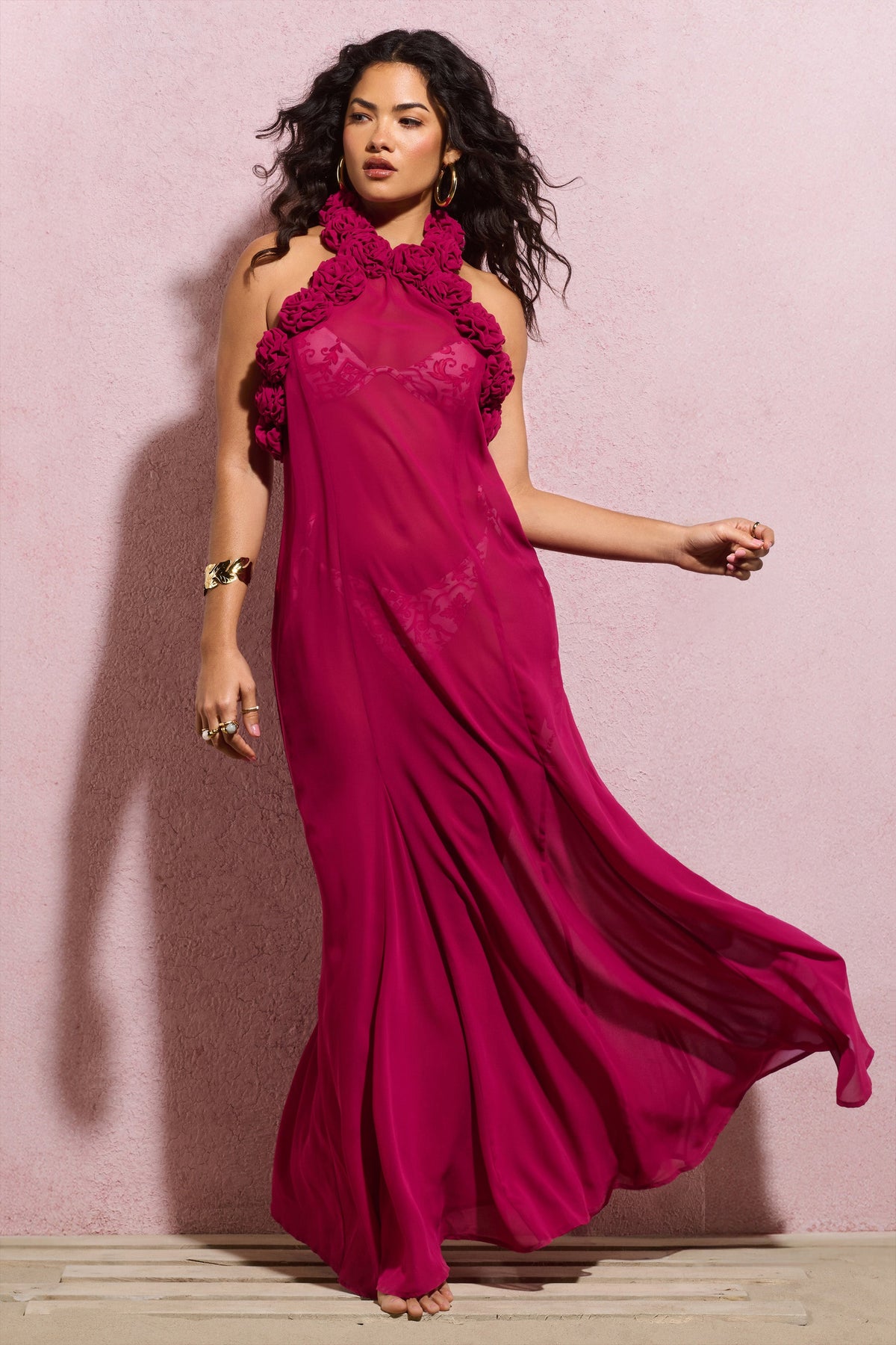 Naelya Dark Pink Chiffon Halter-Neck Maxi Dress With Corsages Club L London - USA Naelya Dark Pink Chiffon Halter-Neck Maxi Dress With Corsages Club L London - USA