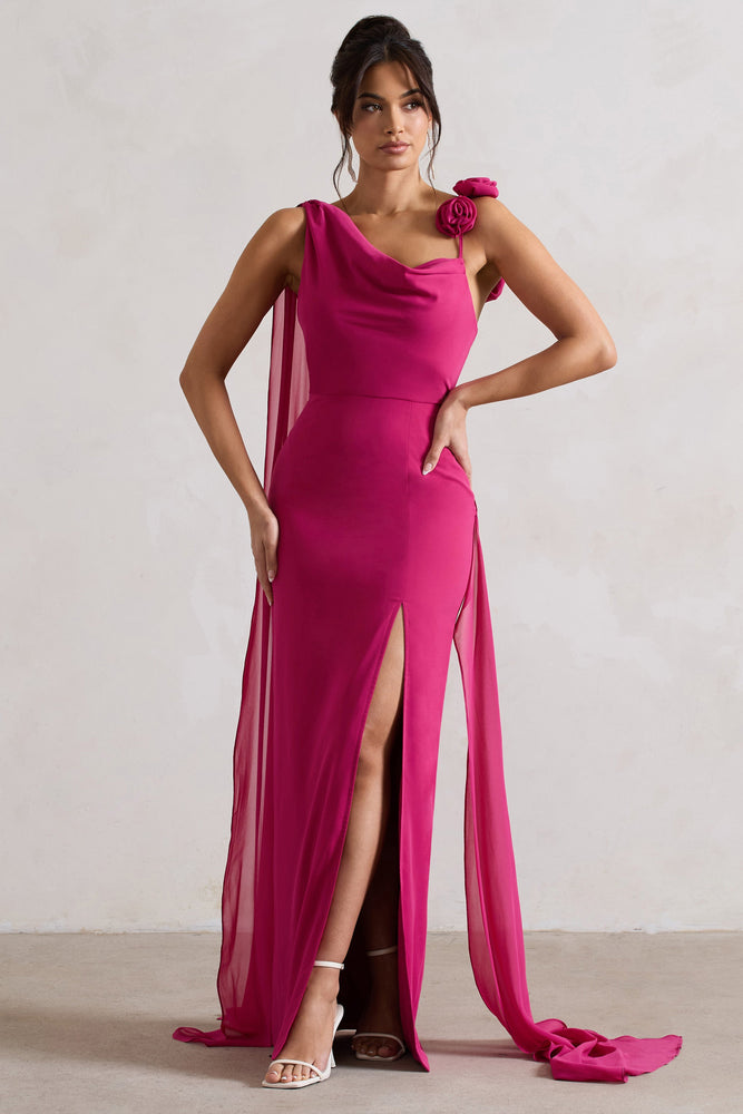 Angeline Dark Pink Chiffon Draped Split Maxi Dress With