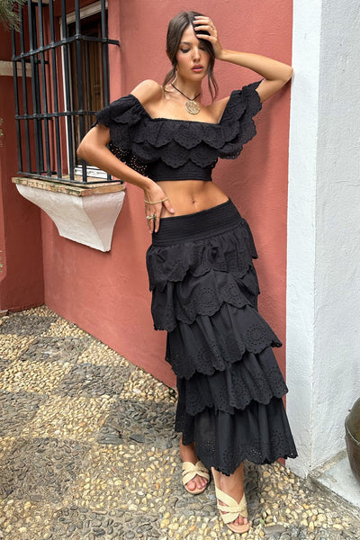 Vista Black Broderie Ruffled Tiered Maxi Skirt – Club L London - USA