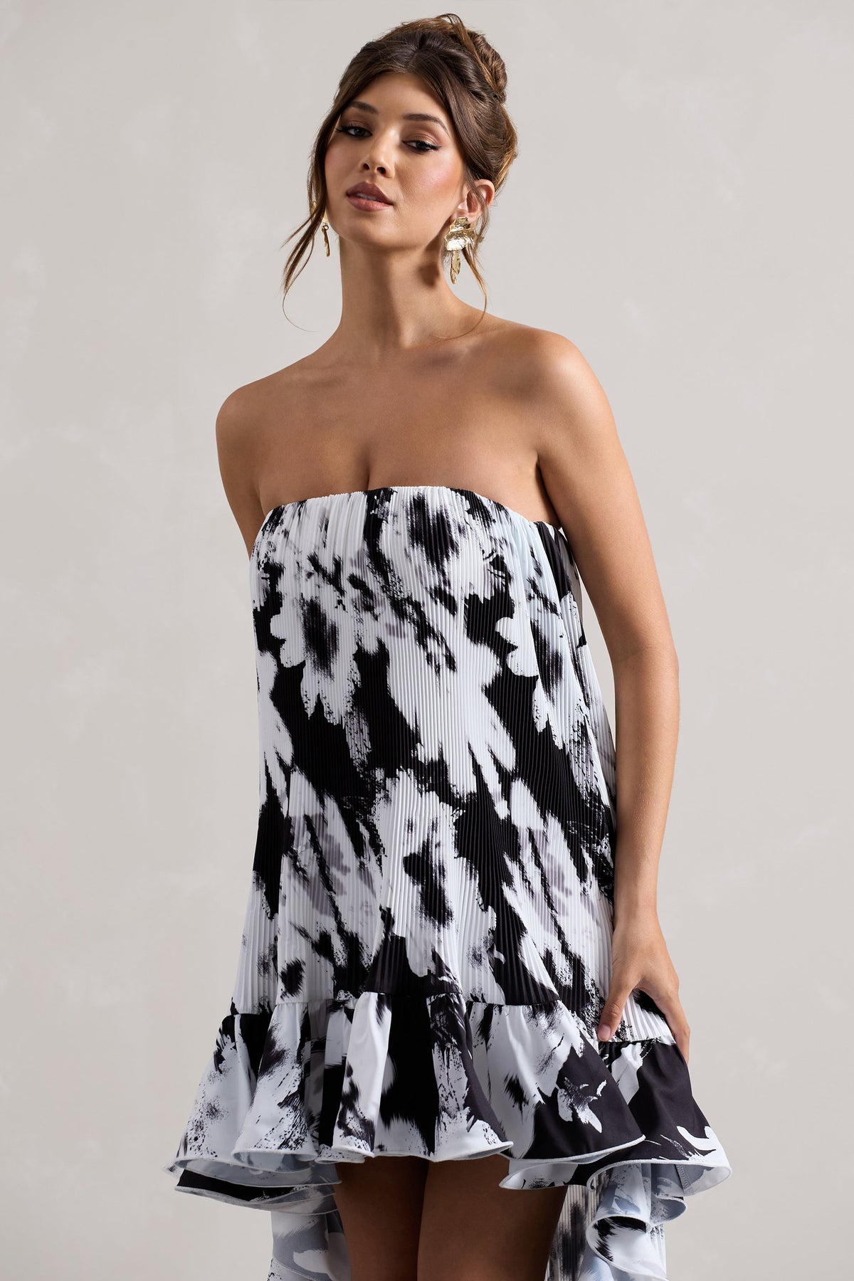 Whistler | Monochrome Floral Chiffon Bandeau High-Low Ruffled Maxi Dress