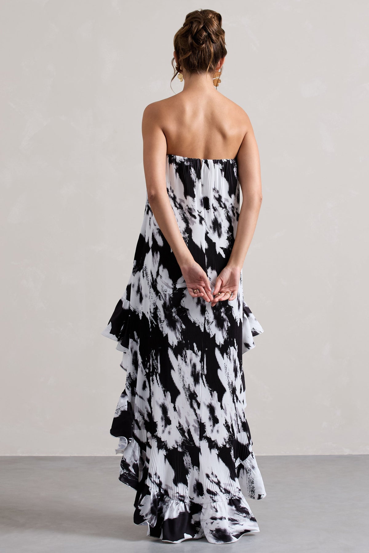 Whistler | Monochrome Floral Chiffon Bandeau High-Low Ruffled Maxi Dress