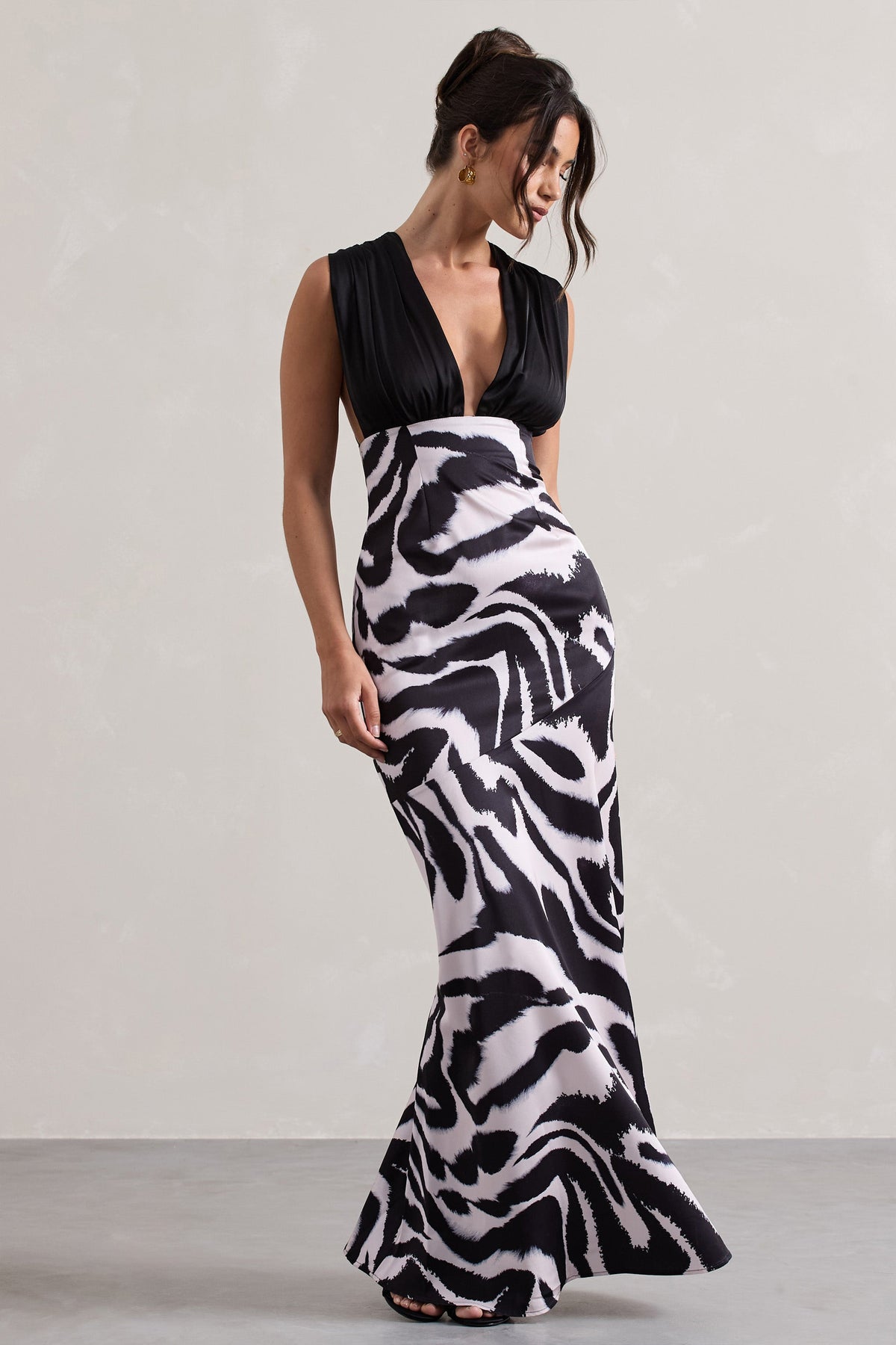 Azzara Zebra Print Satin Ruched V-Neck Maxi Dress Club L London - USA Azzara Zebra Print Satin Ruched V-Neck Maxi Dress Club L London - USA