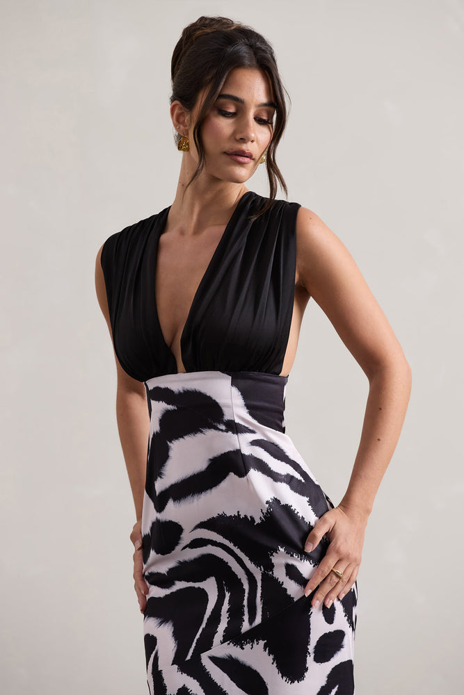 Azzara Zebra Print Satin Ruched V-Neck Maxi Dress – Club L