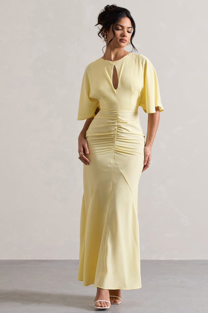 Elidy Pastel Yellow Ruched Flutter-Sleeve Cut-Out Maxi Dress 