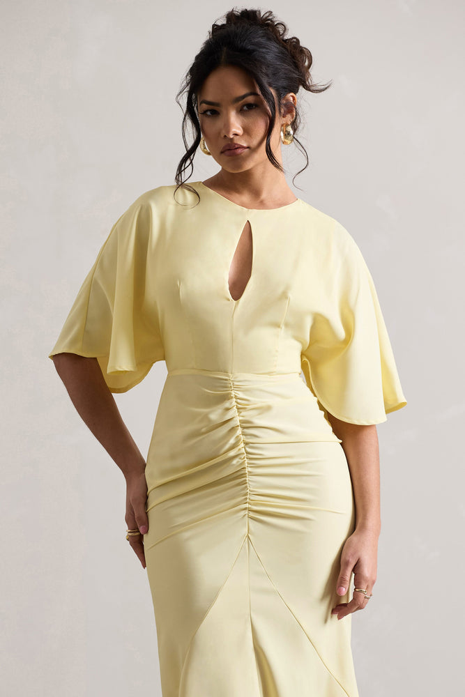 Elidy | Pastel Yellow Ruched Flutter-Sleeve Cut-Out Maxi Dress